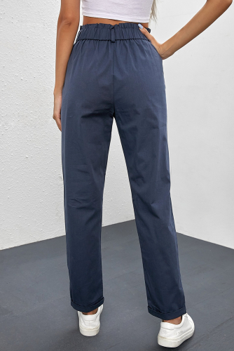 Темно-синие укороченные брюки с высокой посадкой и эластичной талией
