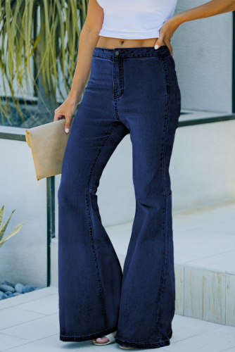 Синие однотонные джинсы-клеш с высокой талией и карманами