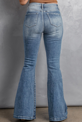 Светло-голубые потертые джинсы-клеш с высокой талией