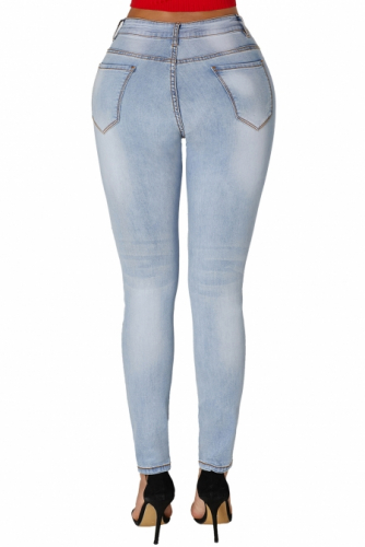 Светло-голубые облегающие джинсы с высокой талией, разрезами и 