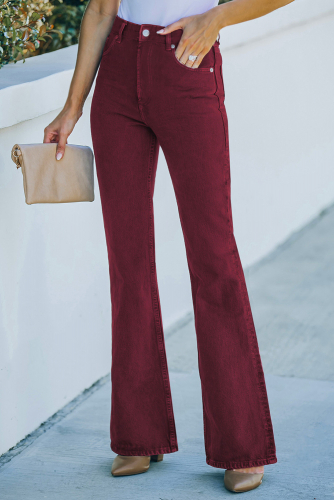 Бордовые джинсы-клеш с высокой посадкой и карманами