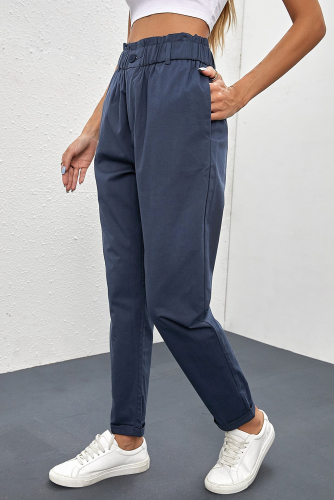 Темно-синие укороченные брюки с высокой посадкой и эластичной талией