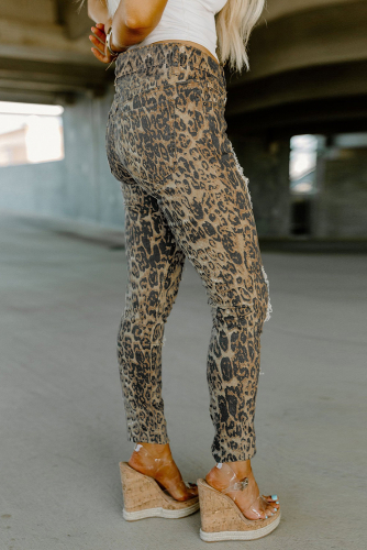 Леопардовые облегающие джинсы с высокой посадкой и разрезами