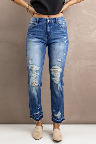 Синие прямые укороченные джинсы с высокой талией и дырками
