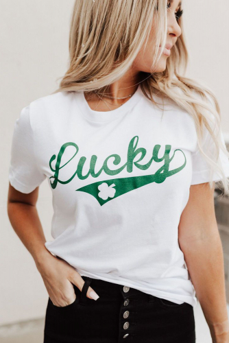 Белая футболка с зеленой надписью: Lucky