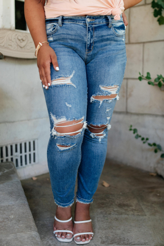 Синие обтягивающие джинсы плюс сайз с высокой талией и дырками
