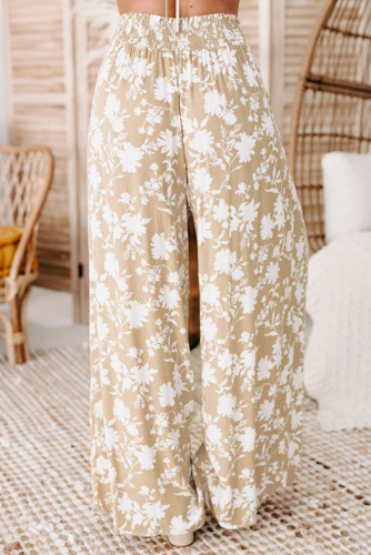 Абрикосовые широкие брюки с высокой талией и белым цветочным принтом