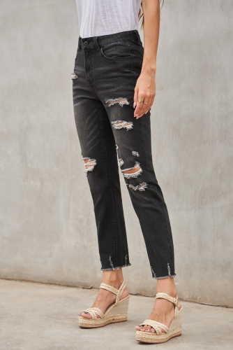 Черные прямые рваные джинсы