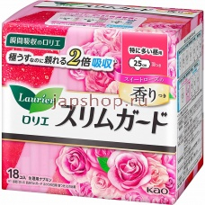 KAO Laurier Cleanguard Long Sweet Rose Женские гигиенические прокладки тонкие, с крылышками, с ароматом розы, длина: 25 см, в упаковке 18 шт. (4901301306326)