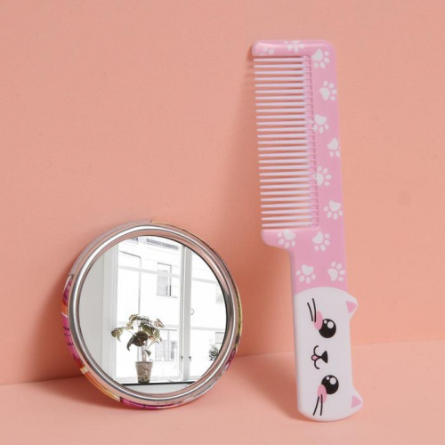 Подарочный набор «Кошечка», 2 предмета: зеркало, расчёска, разноцветный