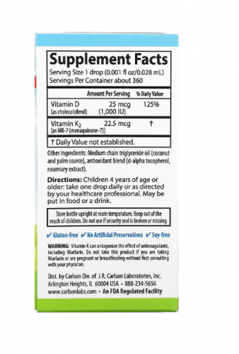Carlson, Super Daily D3+K2 для детей, 25 мкг (1000 МЕ) и 22,5 мкг, 10,16 мл (0,34 жидк. унции)