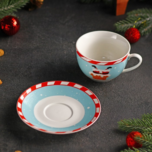 Чайная пара Доляна «Новый год. Дед Мороз», чашка 250 мл, блюдце d=14 см