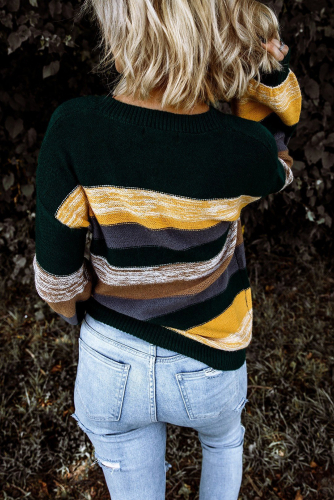 Черно-желтый свитер в разноцветную полосу с пышными рукавами