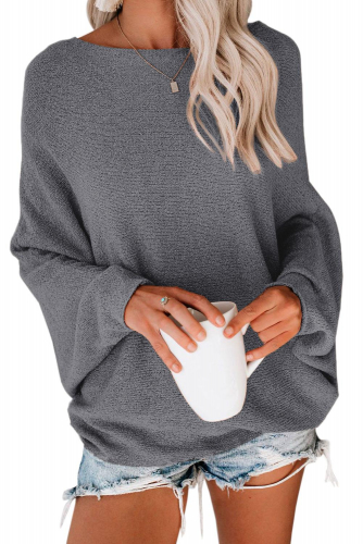 Серый свободный свитер с вырезом-лодочкой и широкими рукавами