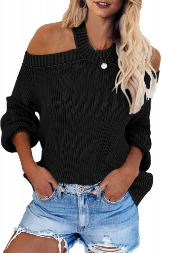 Черный вязаный свитер с открытыми плечами и спиной