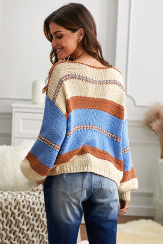 Голубой полосатый вязаный пуловер-свитер с пышными рукавами и V-образным вырезом