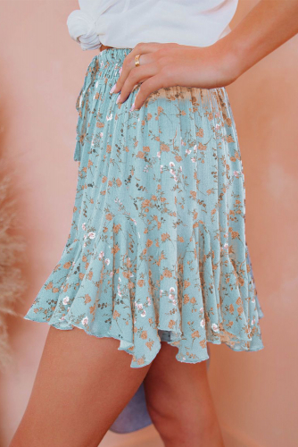 Бирюзовая мини-юбка с рюшами и цветочным принтом