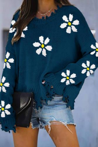 Синий рваный свитер с принтом ромашки