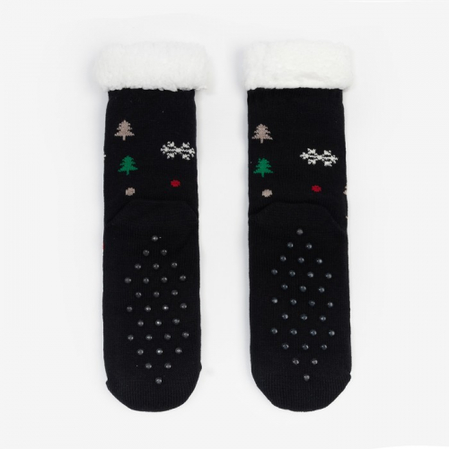 Носки женские с мехом, цвет чёрный/дед мороз, размер 36-40
