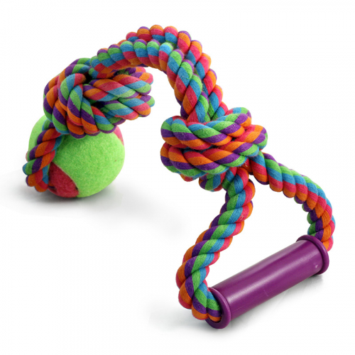 Триол Грейфер для собак Веревка цветная из хлопка с двумя узлами, ручкой и мячиком, 43см.