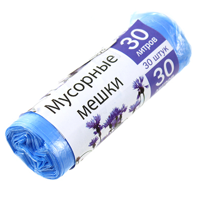 Мешки для мусора в рулоне 30л 48х55см, 30шт, прочные, 6мкм, синий (Россия)