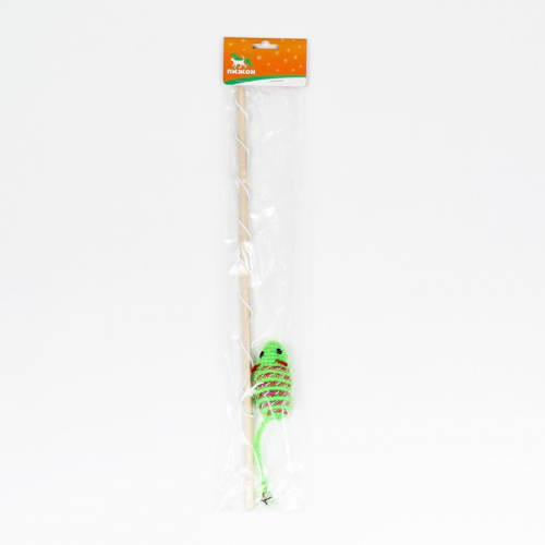 Дразнилка-удочка с блестящей мышью на деревянной ручке, зелёная