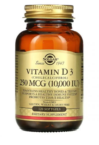 Solgar, витамин D3 (холекальциферол), 250 мкг (10 000 МЕ), 120 капсул