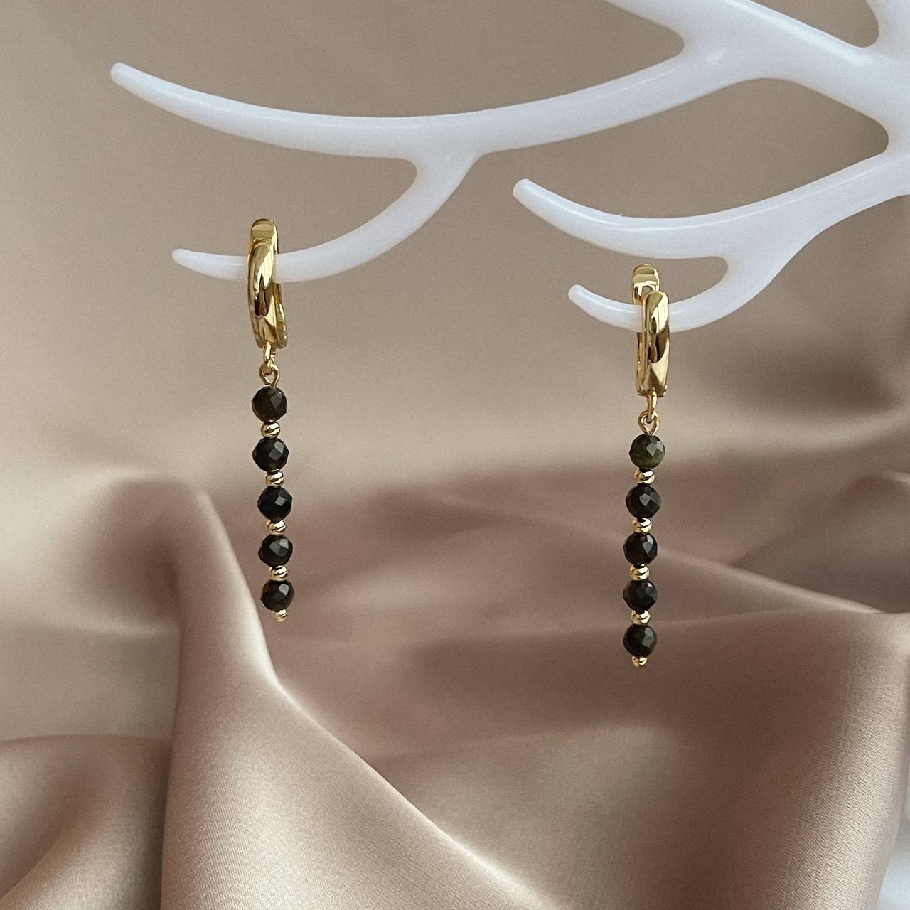 Радуга Самоцветов Серьги длинные из Обсидиана золотистого