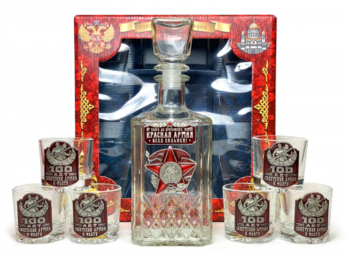 Набор для алкоголя «100 лет Советской Армии и Флоту» – люксовый подарок, включающий графин и 6 стопок  (Цвет упаковки может отличаться, подробности уточняйте у менеджера.) №24