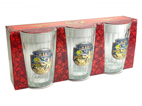 Сувенирно-подарочный набор стаканов «Охота» – прозрачность упрочненного стекла акцентирует внимание на фигурной накладке