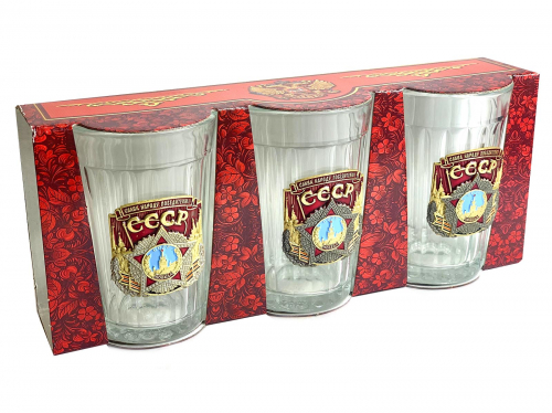 Набор граненых стаканов «СССР! Слава народу-победителю!» – фактурная накладка, прозрачное стекло + красивая упаковка – всё это подчеркивает стиль и значимость подарка