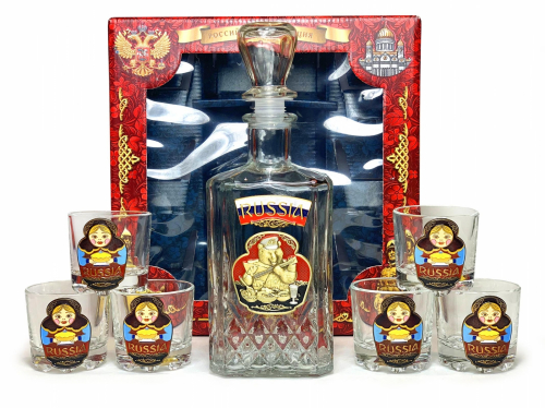 Подарочный набор «Russia» для спиртных напитков – граненый графин и 6 стильных стопок в едином патриотическом дизайне  (Цвет упаковки может отличаться, подробности уточняйте у менеджера.) №40