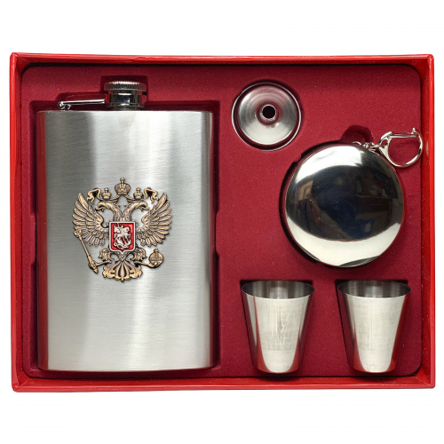 Презентабельный набор с гербом РФ – фляжка, 2 стопки, складной стакан, воронка