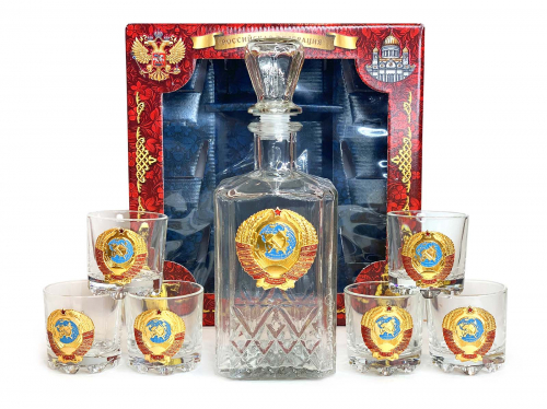 Набор стопок с квадратным графином «Герб СССР» – ностальгический подарок и эффектная подача спиртного (Цвет упаковки может отличаться, подробности уточняйте у менеджера.)