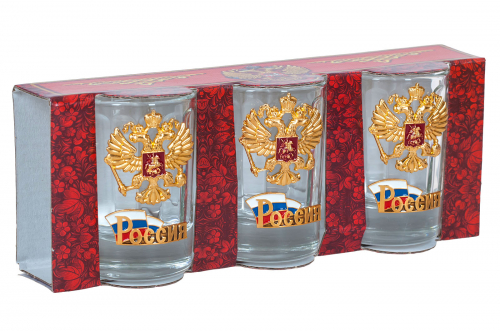 Набор 3 стопки «Россия» – подарочное трио в патриотическом дизайне с гербом и триколором