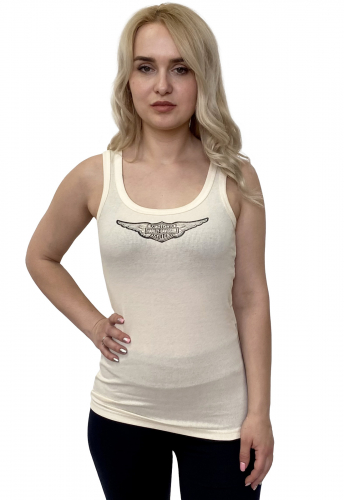 Брендовая женская майка Harley-Davidson – модный цвет «пудра», мини мото-принт на груди, ткань – рубчик №1045