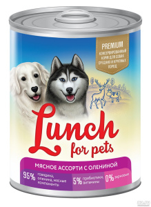 Lunch For Pets Консервы мясное ассорти с олениной, кусочки в желе для собак, 850 г