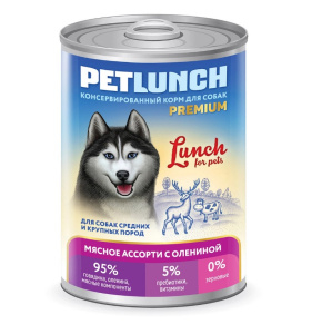 Lunch For Pets Консервы для собак мясное ассорти с олениной, кусочки в желе , 400 г