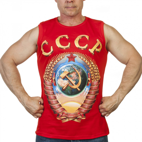 Красная мужская майка с гербом СССР - для тех, кто помнит о Великой Державе! №463