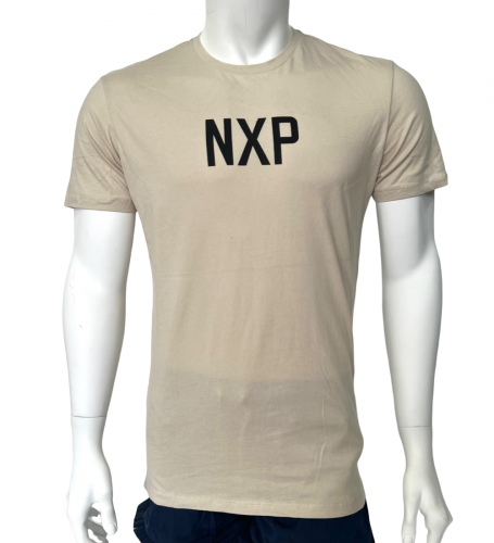 Бежевая мужская футболка NXP с черными надписями  №589