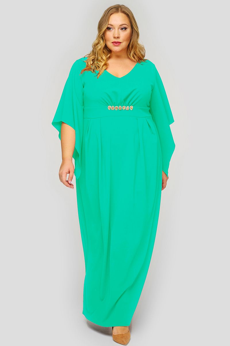 Платье вечернее из ментолового крепа с пришивным украшением