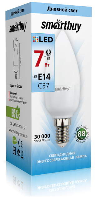 Светодиодная (LED) Лампа Smartbuy-С37-07W/4000/E14 (7W/белый/E14) (заказ кратно 10шт)