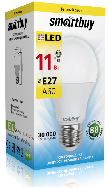 Светодиодная (LED) Лампа Smartbuy-A60-11W/3000/E27 (11W/теплый/E27) (заказ кратно 10шт)