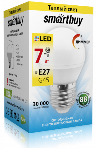Светодиодная (LED) Лампа Smartbuy-G45-07W/3000/E27 (7W/теплый/E27) (заказ кратно 10шт)