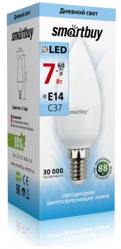 Светодиодная (LED) Лампа Smartbuy-С37-07W/6000/E14 (7W/холодный/E14) (заказ кратно 10шт)