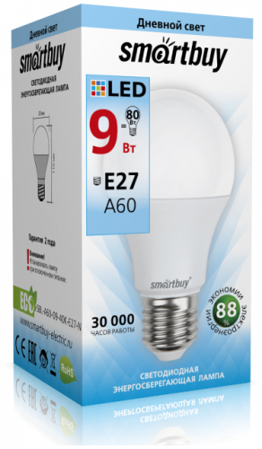 Светодиодная (LED) Лампа Smartbuy-A60-09W/4000/E27 (9W/белый/E27) (заказ кратно 10шт)