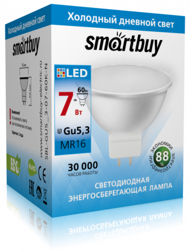 Светодиодная (LED) Лампа Smartbuy-Gu5,3-07W/6000 (7W/холодный/Gu5.3) (заказ кратно 10шт)