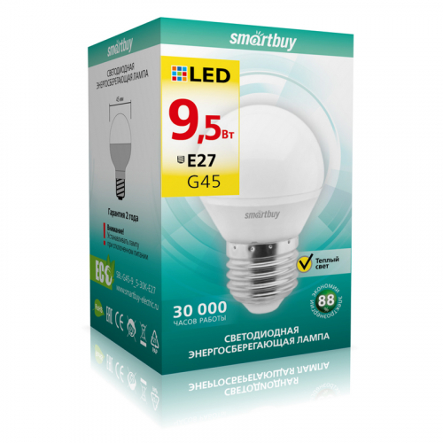 Светодиодная (LED) Лампа Smartbuy-G45-9.5W/3000/E27 (9.5W/теплый/E27) (заказ кратно 10шт)