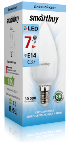 Светодиодная (LED) Лампа Smartbuy-С37-07W/4000/E14 (7W/белый/E14) (заказ кратно 10шт)