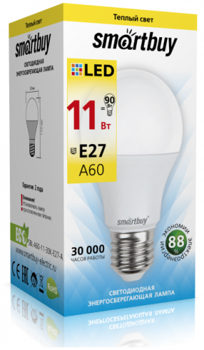 Светодиодная (LED) Лампа Smartbuy-A60-11W/3000/E27 (11W/теплый/E27) (заказ кратно 10шт)